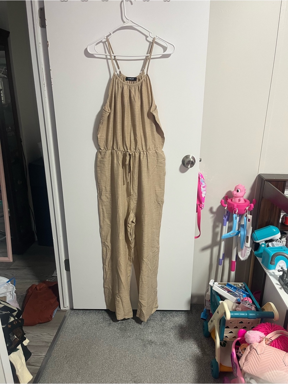 Beige Sleeveless Drawstring Jumpsuit With Pockets